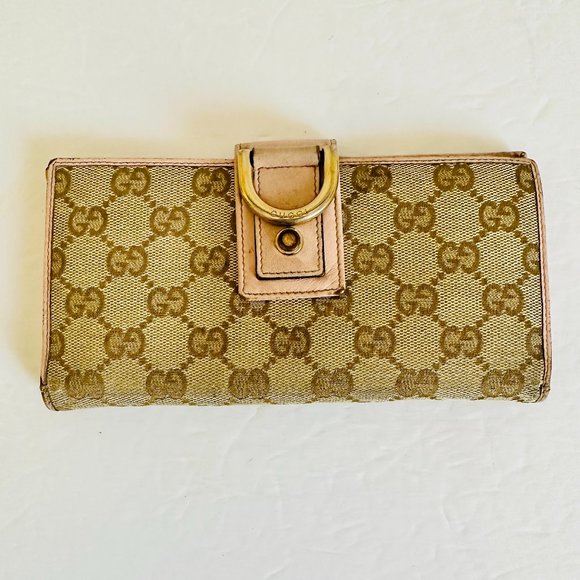 AUTH GUCCI VINTAGE SIGNATURE LOGO CANVAS AND LEATHER LONG WALLET 141412.203887 - Picture 1 of 12